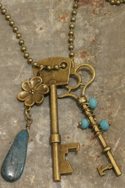 Bohemian Bronze Key Turquoise Necklace
