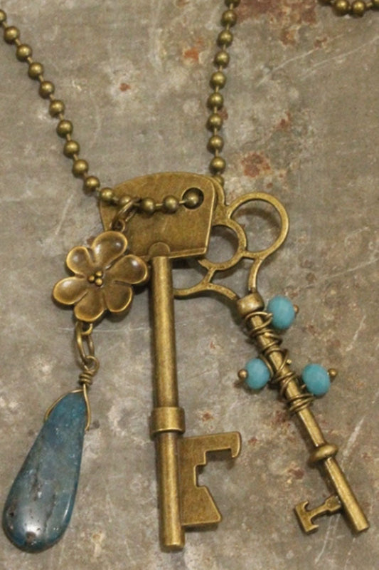 Bohemian Bronze Key Turquoise Necklace