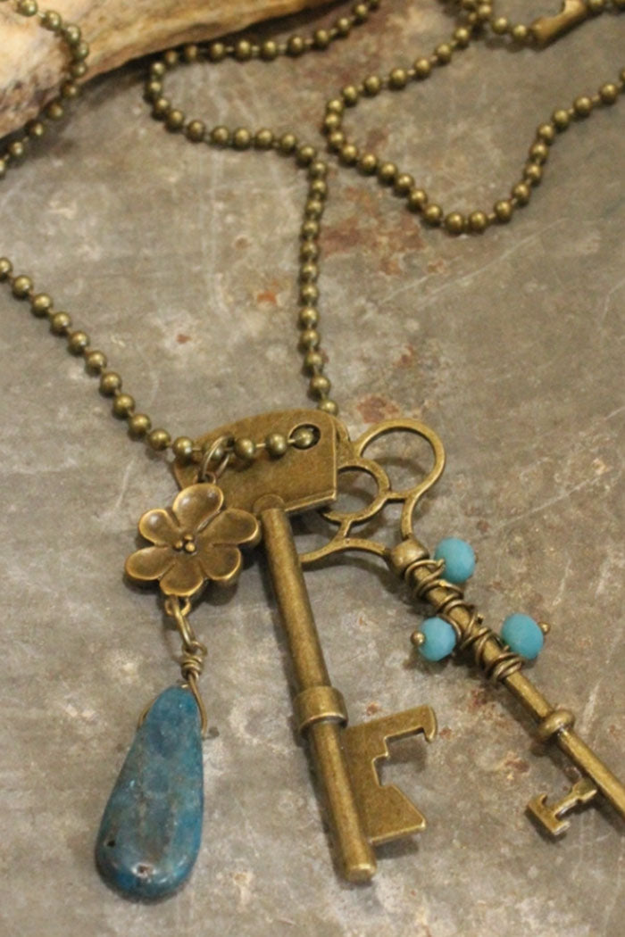 Bohemian Bronze Key Turquoise Necklace