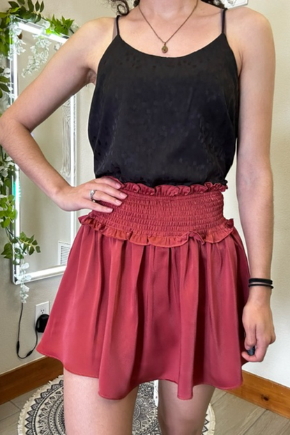 Woven Satin Mini Skirt w/smocked Waistband and Shorts Lining