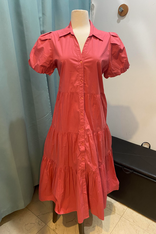 Tiered Elastic Sleeved Button Down Maxi Dress
