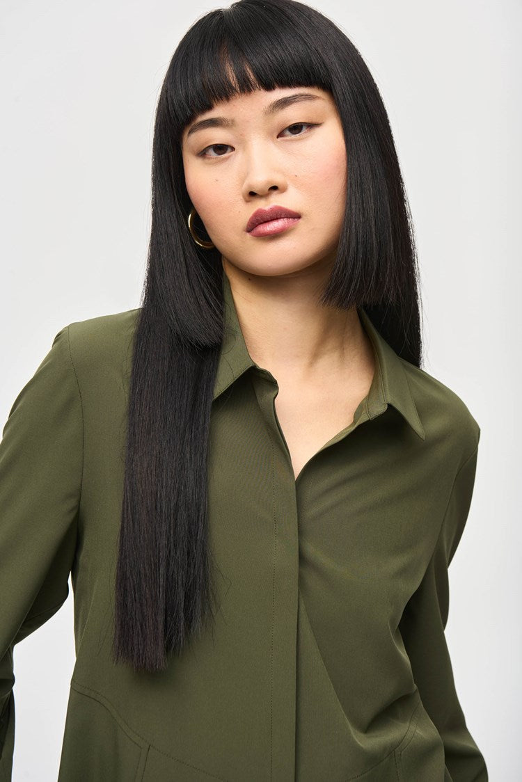 Woven Button-Down Blouse With Pockets - Iguana