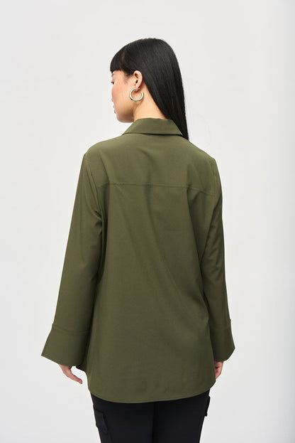 Woven Button-Down Blouse With Pockets - Iguana