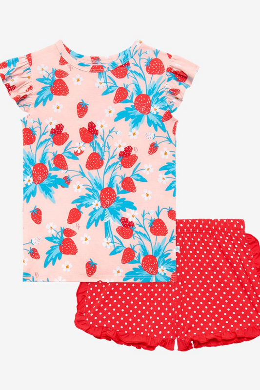 Strawberry Basic Ruffled Cap Sleeve T-Shirt And Varsity Short