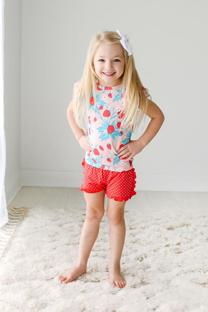 Strawberry Basic Ruffled Cap Sleeve T-Shirt And Varsity Short