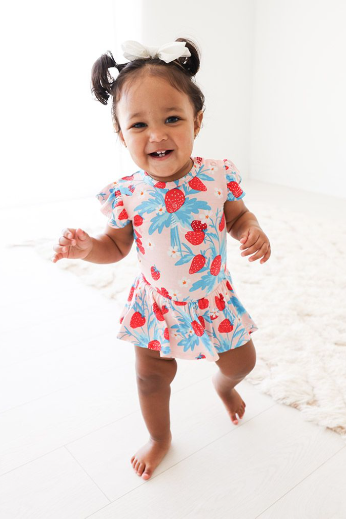 Strawberry Ruffled Cap Sleeve Basic Twirl Skirt Body Suit
