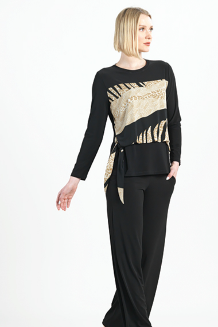 Soft Knit Black and Animal Print Bouse with Loose Drape Tie Detail