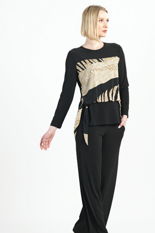 Soft Knit Black and Animal Print Bouse with Loose Drape Tie Detail