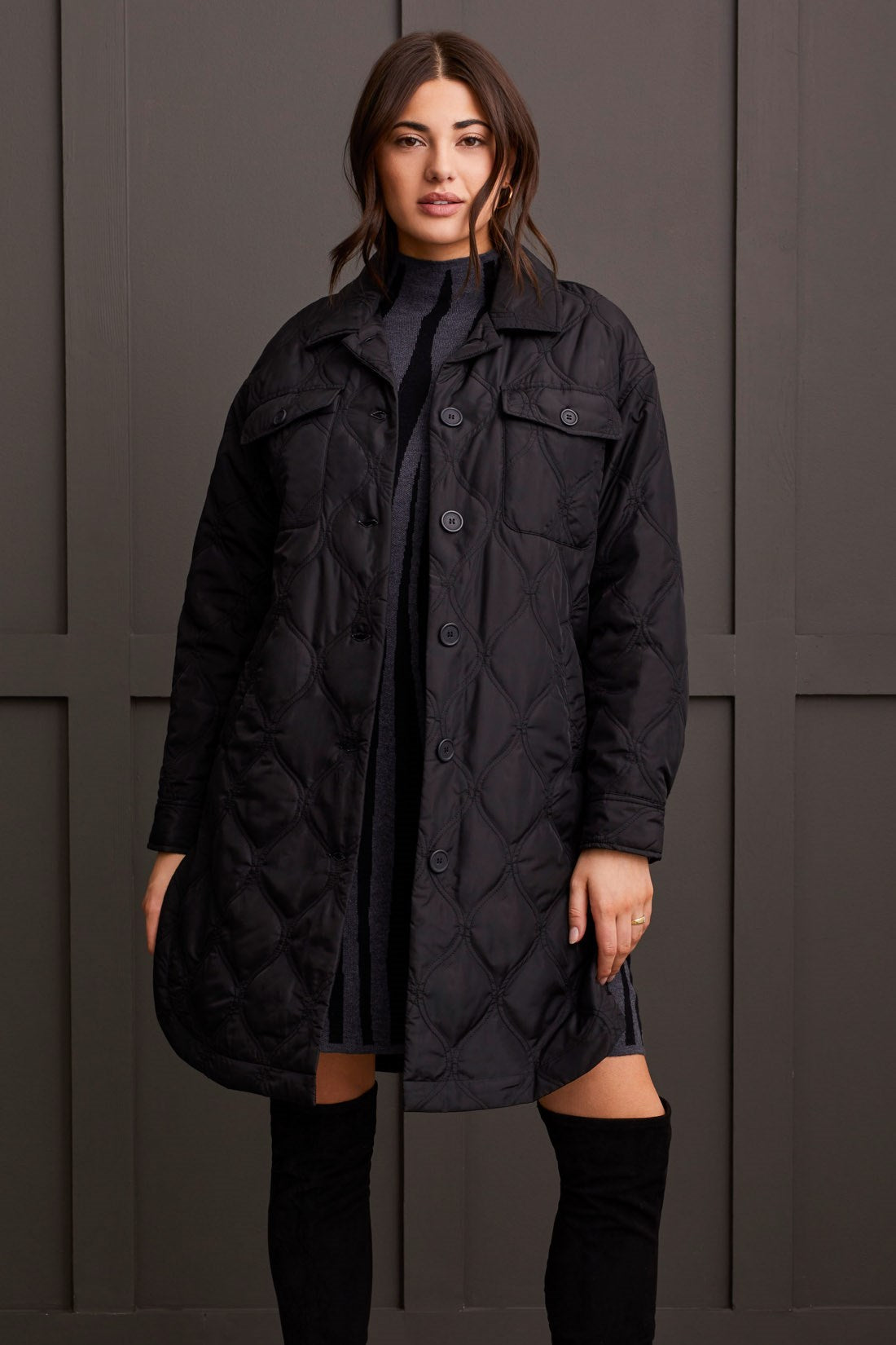 Long Quilted Button Up Jacket w/ Pockets- Black