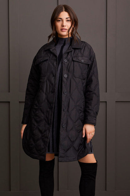 Long Quilted Button Up Jacket w/ Pockets- Black