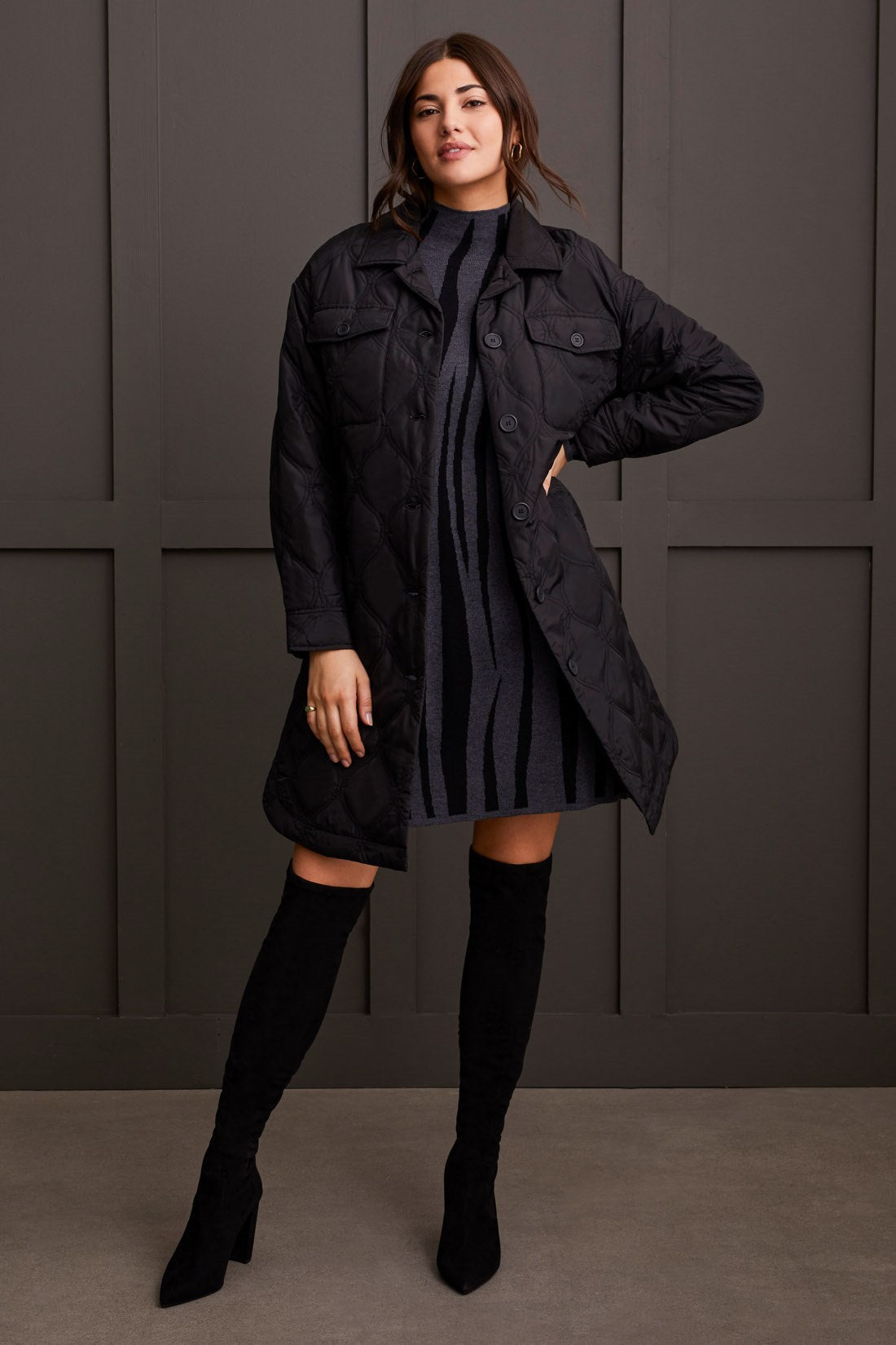 Long Quilted Button Up Jacket w/ Pockets- Black
