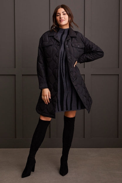 Long Quilted Button Up Jacket w/ Pockets- Black
