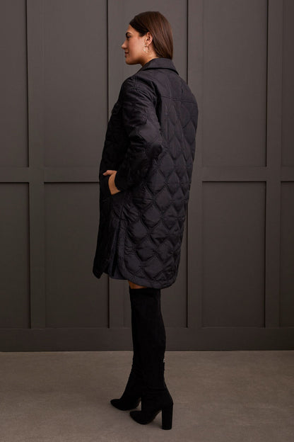 Long Quilted Button Up Jacket w/ Pockets- Black