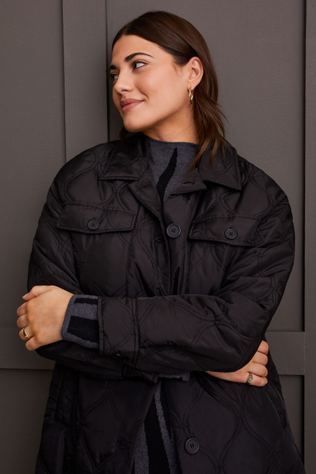 Long Quilted Button Up Jacket w/ Pockets- Black