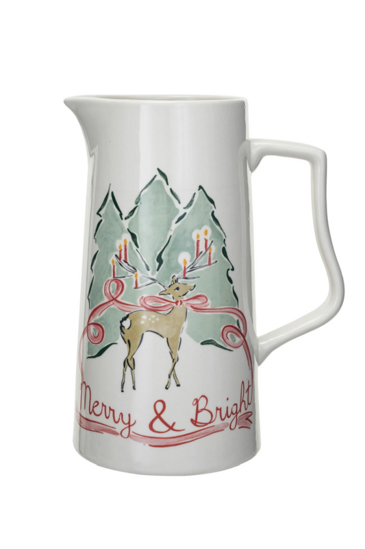 Stoneware Pitcher w/ Reindeer, 2QT