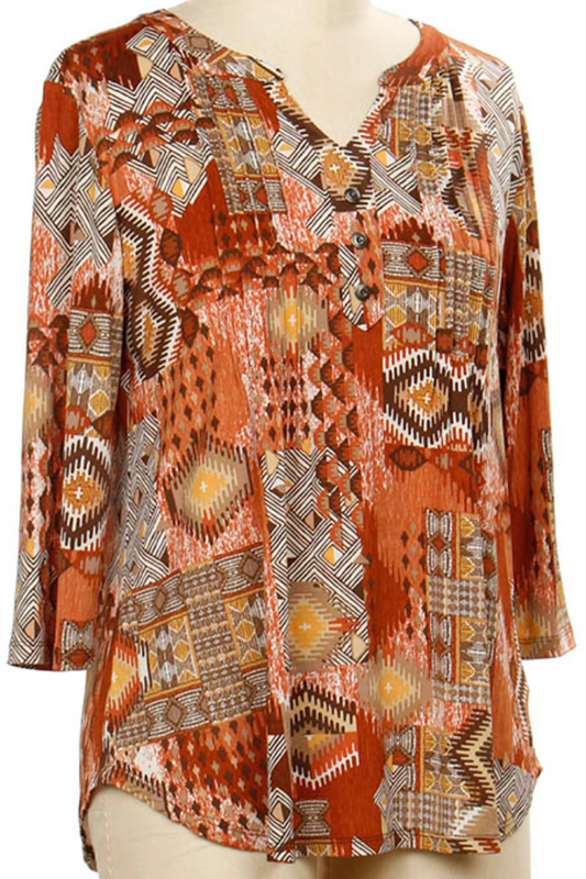 3/4 Slv Diamond Patch Print Top