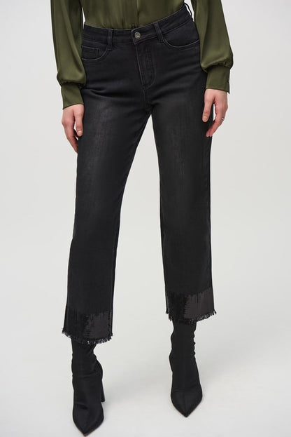 Straight Crop Denim Pants with Sequin Trim- Black