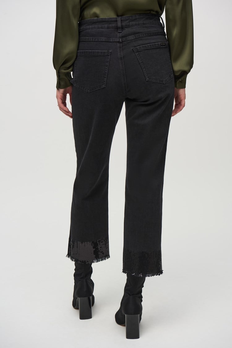 Straight Crop Denim Pants with Sequin Trim- Black