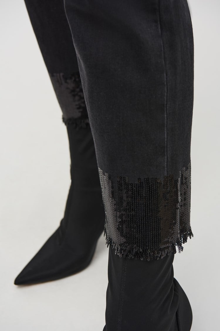 Straight Crop Denim Pants with Sequin Trim- Black