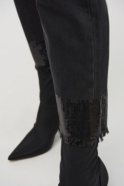 Straight Crop Denim Pants with Sequin Trim- Black