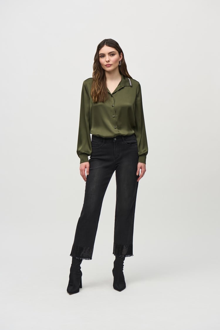 Straight Crop Denim Pants with Sequin Trim- Black