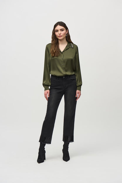 Straight Crop Denim Pants with Sequin Trim- Black