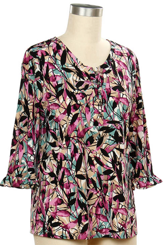 3/4 Slv Leaves Print Top
