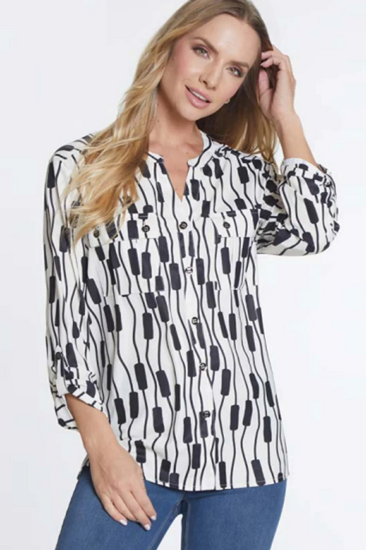 3/4 SLEEVE 2 POCKET BUTTON FRONT TOP