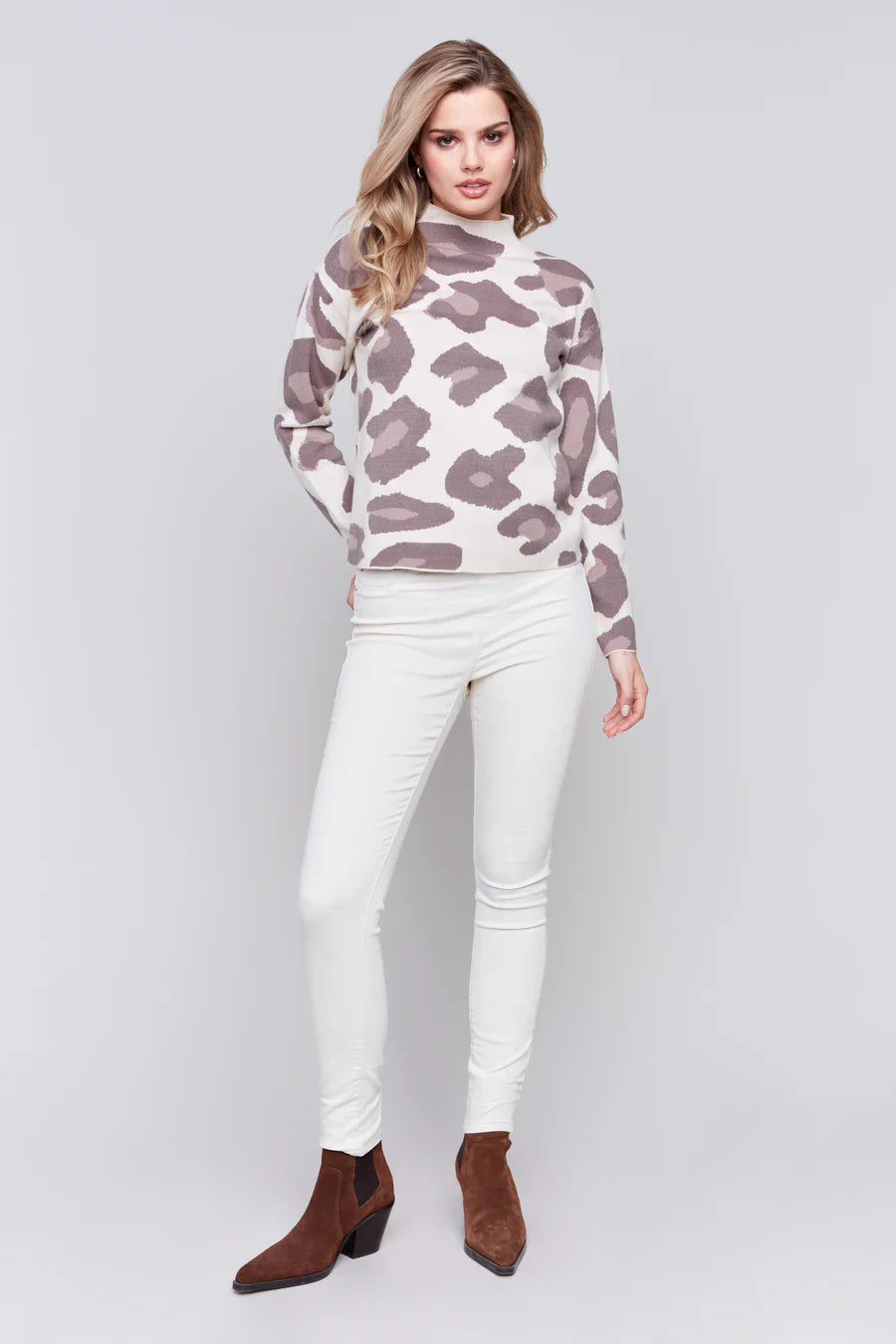 Animal Jacquard Mock Neck Drop Shoulder Sweater
