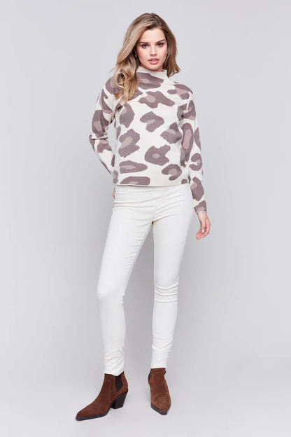 Animal Jacquard Mock Neck Drop Shoulder Sweater
