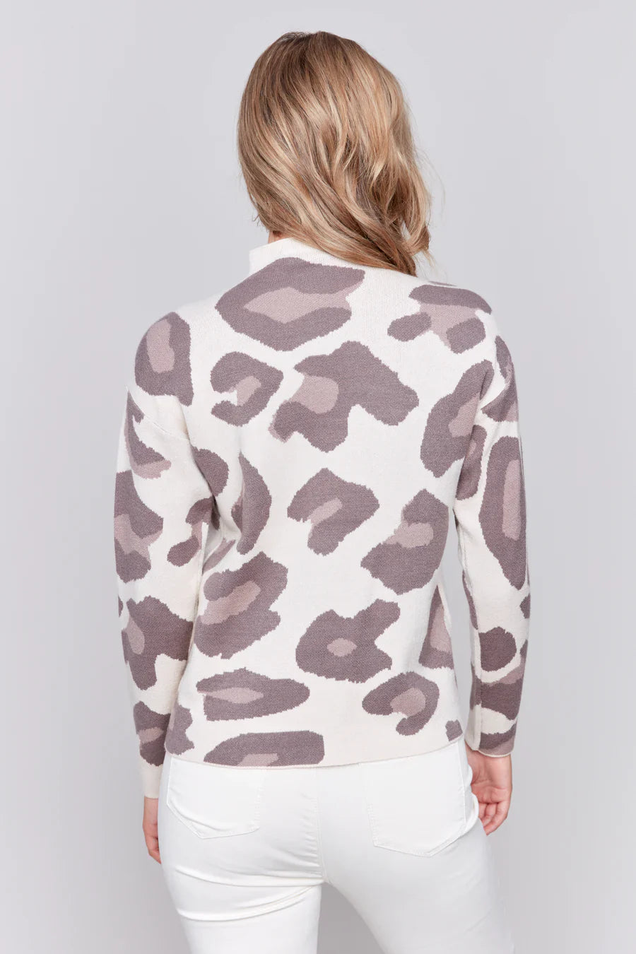 Animal Jacquard Mock Neck Drop Shoulder Sweater