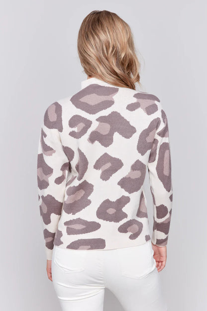 Animal Jacquard Mock Neck Drop Shoulder Sweater