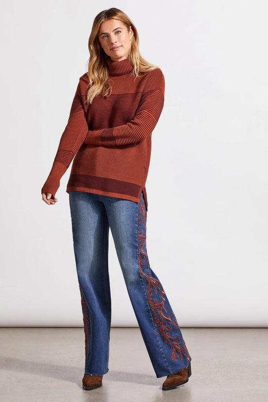 Two-Tone Ottoman Turtleneck Tunic Sweater - Marsala