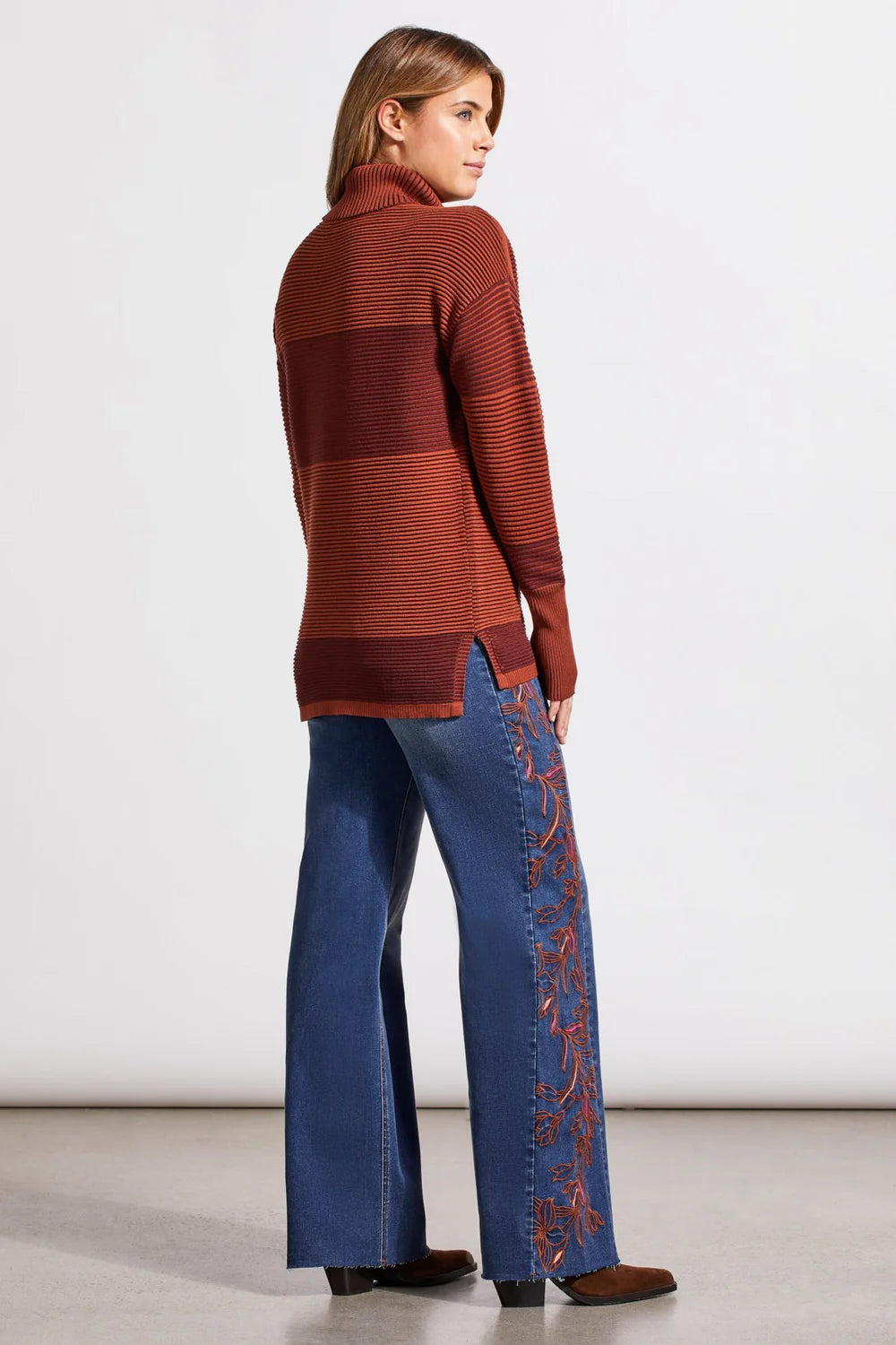 Two-Tone Ottoman Turtleneck Tunic Sweater - Marsala