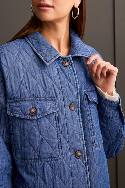 Button Front Long Quilted Jacket - Blue Chambray