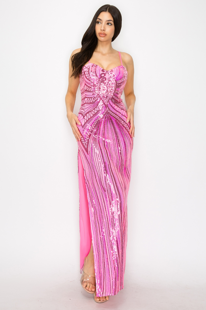 Strapless Side Slit Sequin Gown