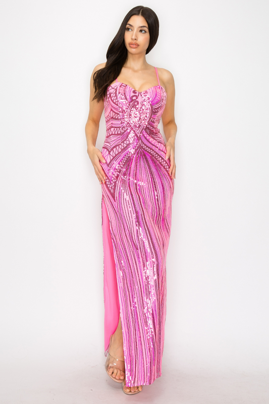 Strapless Side Slit Sequin Gown