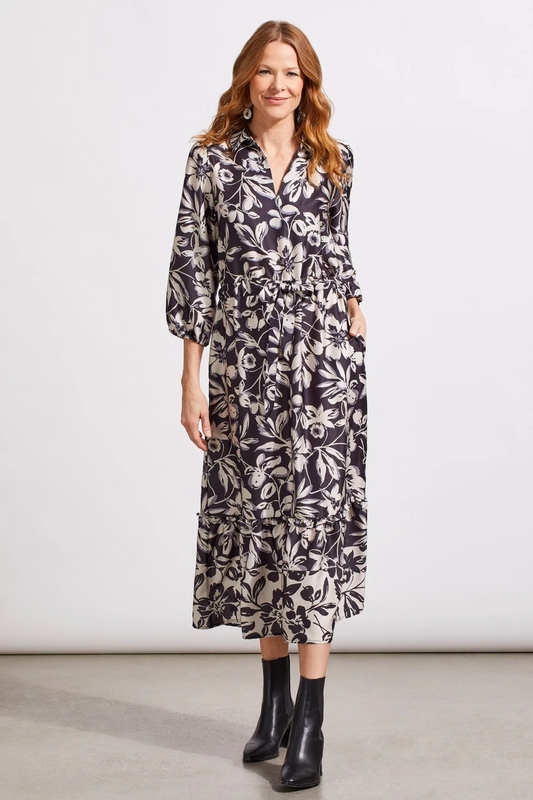 3/4 SLEEVE MAXI DRESS WITH TIE AT WAIST