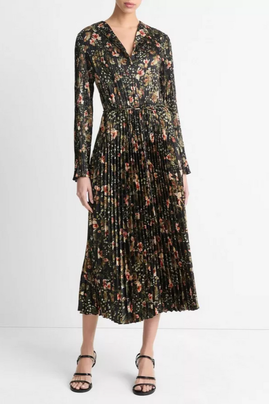 Orchid Vine Pleated Long-Sleeve Dress
