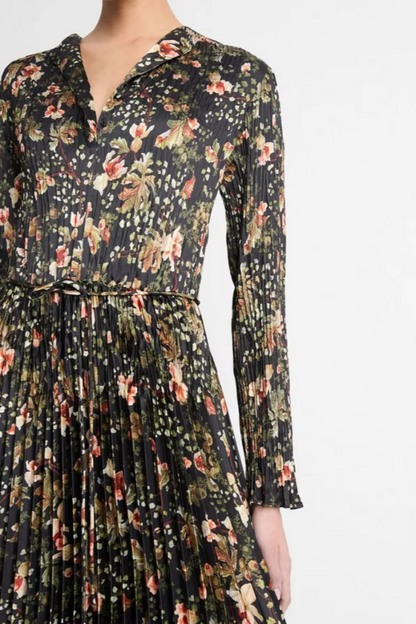 Orchid Vine Pleated Long-Sleeve Dress