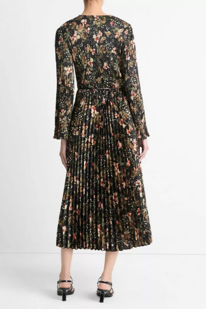 Orchid Vine Pleated Long-Sleeve Dress