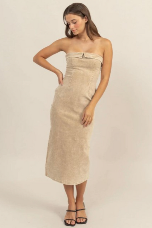 Washed Corduroy Strapless Dress