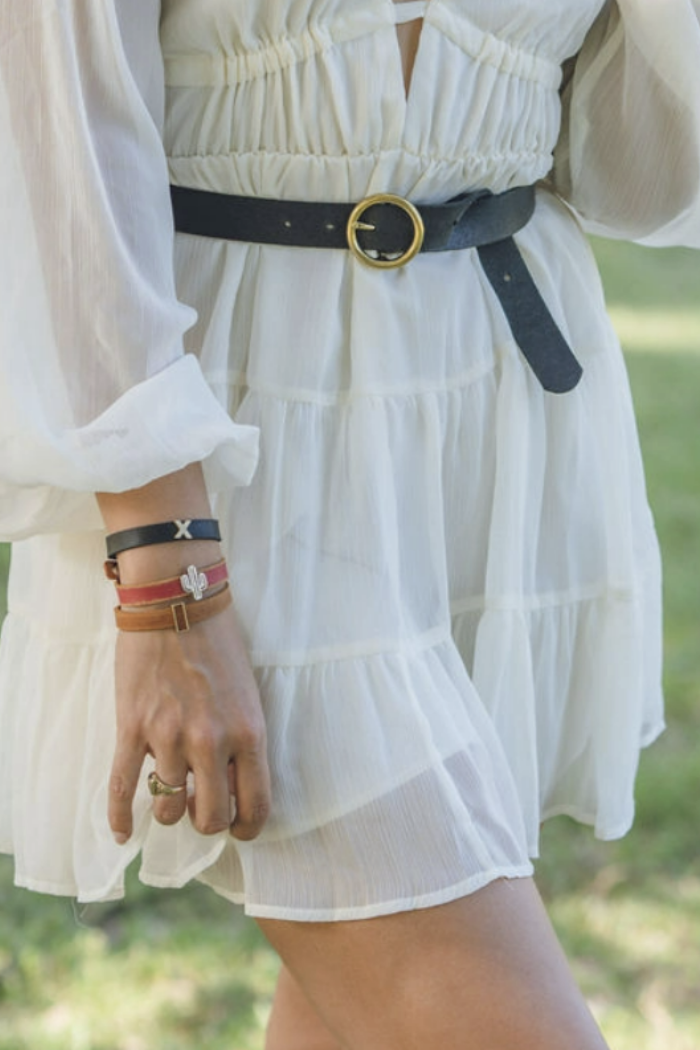 Brass-Toned Circle Buckle Leather Belt