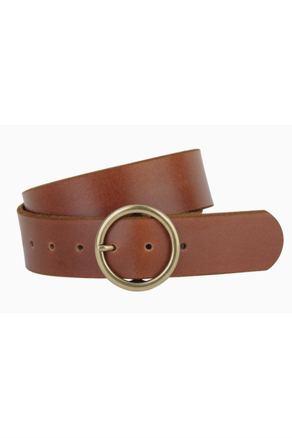 Wide Brass-Toned Single Ring Buckle Leather Belt