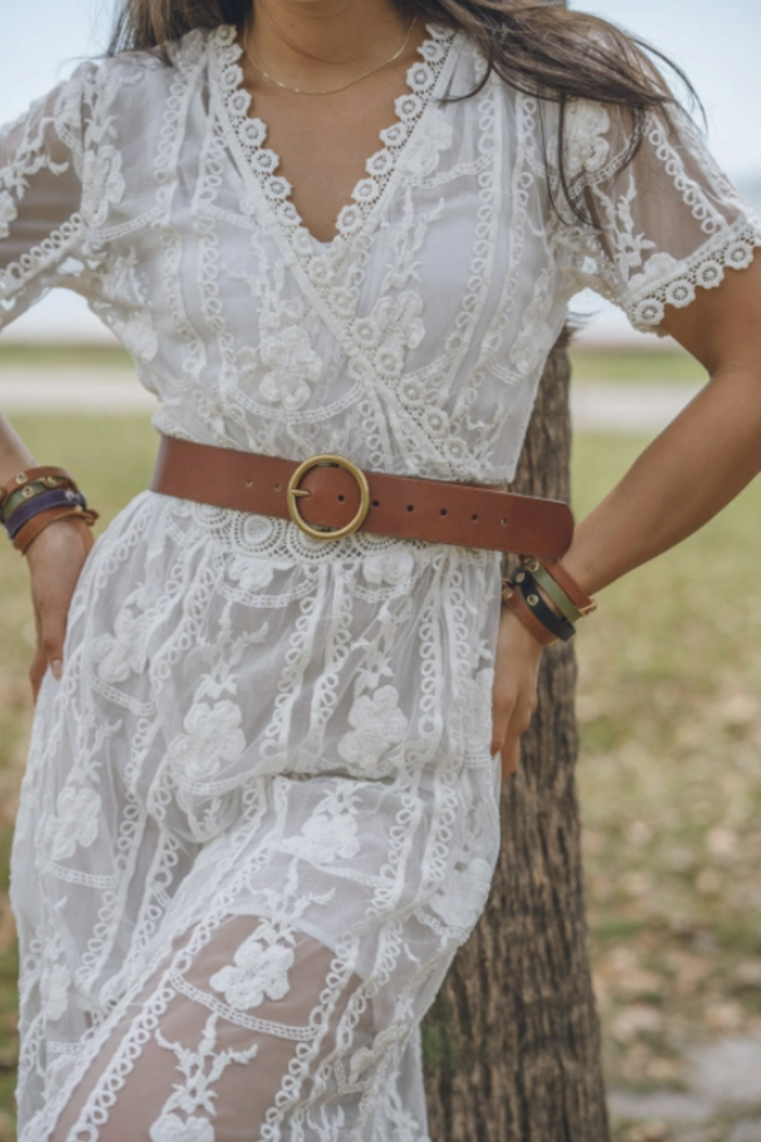 Wide Brass-Toned Single Ring Buckle Leather Belt