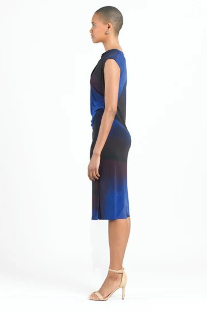 Watercolor Print Sleeveless Ruched Soft Knit Midi Dress