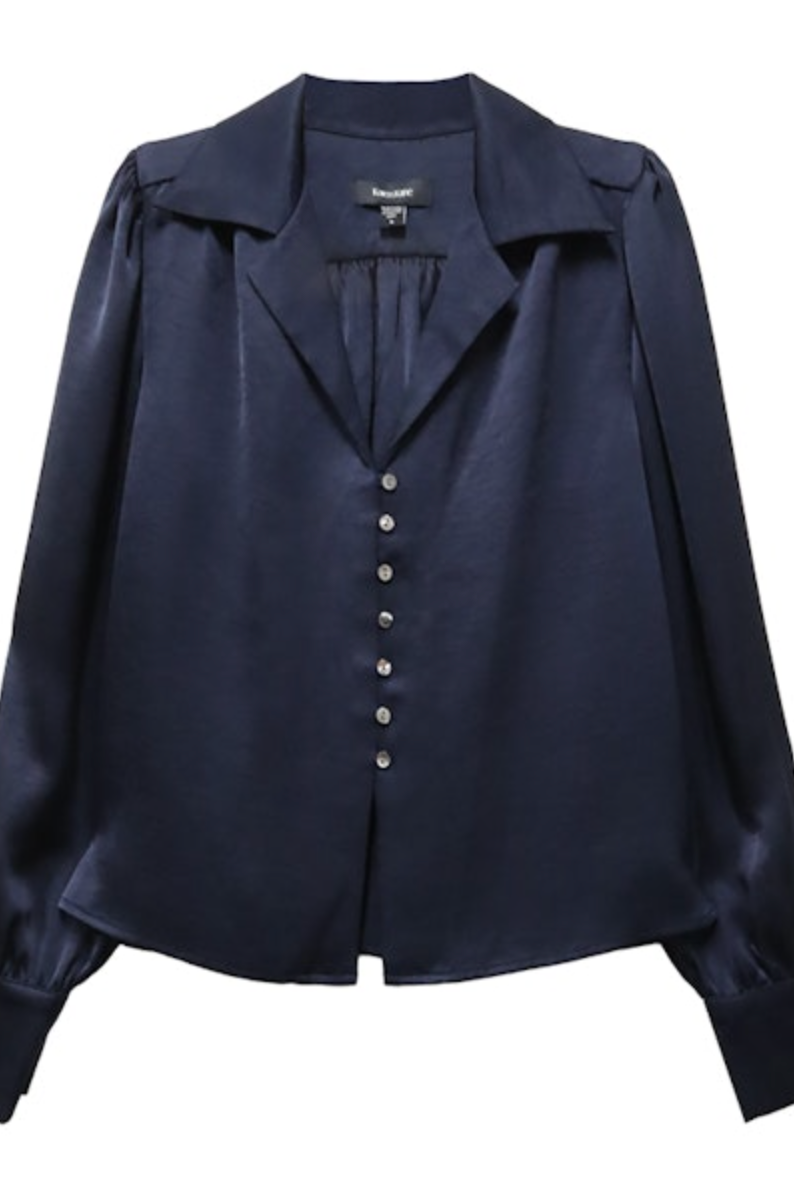 Shirred Satin Blouse - Navy