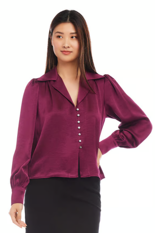 Shirred Satin Blouse - Wine