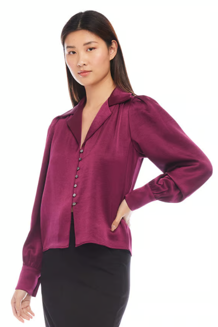 Shirred Satin Blouse - Wine