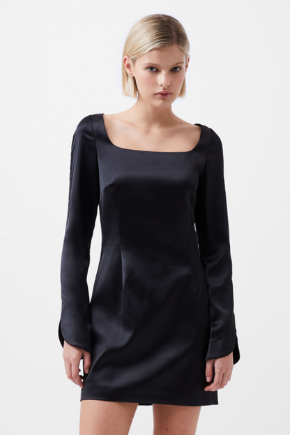 Structured Satin Split Sleeve Dress - Black